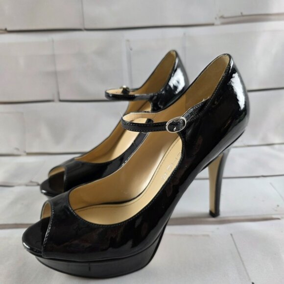 Marc Fischer Patent Leather Platform Mary Jane Peep Toe Heels Shoes Black 9M - Picture 1 of 8